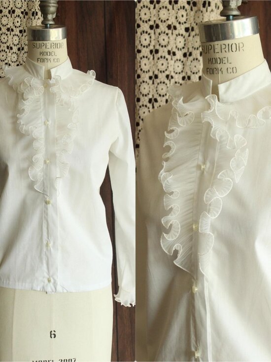 American Vintage Tops - Vintage 1960s Blouse, White Top with Ruffle and Nehru Collar,  New Edwardian